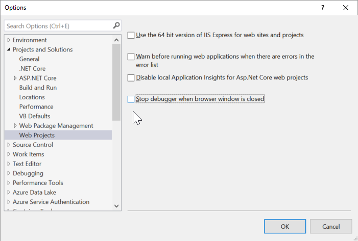 The Stop debugger when browser window is closed option