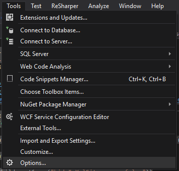 Visual Studio Menu options