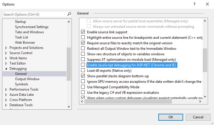 Disable JavaScript debugging in options