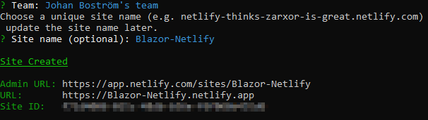 Created site in console for netlify